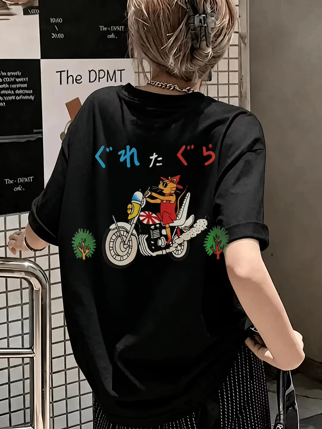 2026  new Japanese Cartoon Animal Riding Motorcycle Graphic T-Shirt, Fun Anime Casual Short Sleeve Tee
