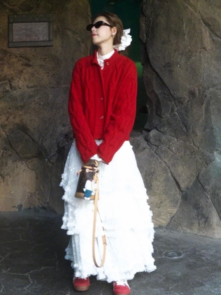 

Retro Twist Knit Sweater Jaet Red round Ne Women's Korean Sle Long Sve Warmth Outerwear Casual Online Exclusive