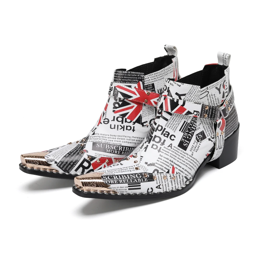 Botas British Newspaper Pattern Party Prom Dress Boots For Men Business Leather Shoes Large Size Male Motorcycle Ankle Boots