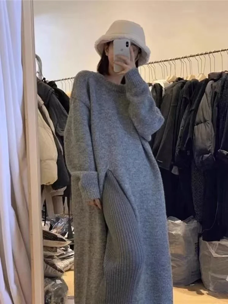 Autumn Winter O-Neck Casual Loose Knitted Dress Female Straight Long Sleeve Oversize Sweater Womens Long Dress Split hem