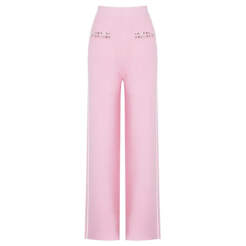 

Elegant Knitted Straight Leg Pants Women's Casual Fashion Spring New Style Pearl Embellished Loose Fit Comfortable Knit Trousers