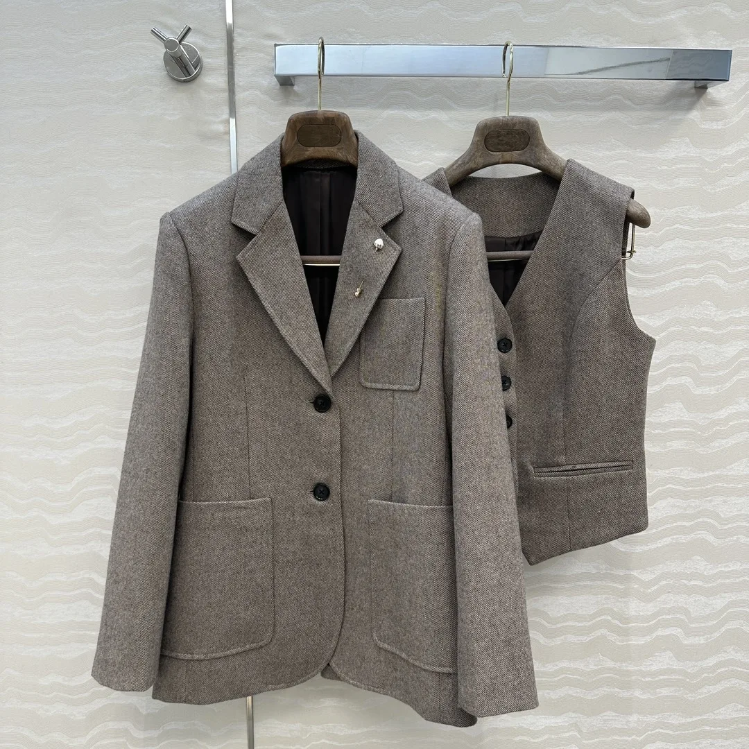 

LP Old Money Sle, шерстяной костюм, жилет, комплект из двух предметов, длинные брюки, нагрудная булавка с цветочным принтом, модная женская одежда для поездок на работу и ветер