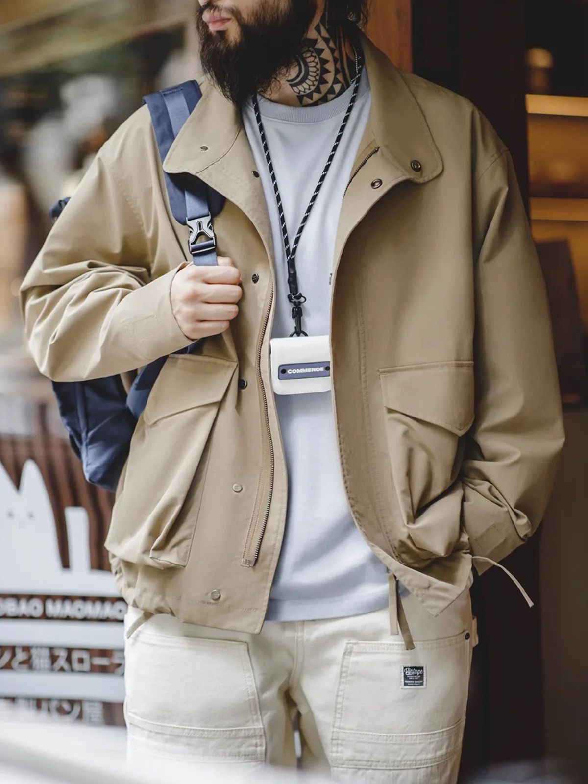 

Maden American Retro M65 Jaet Loose Khaki Color Outerwear for Men Autumn Season Multi-ket Turn-Down Collar Workwear