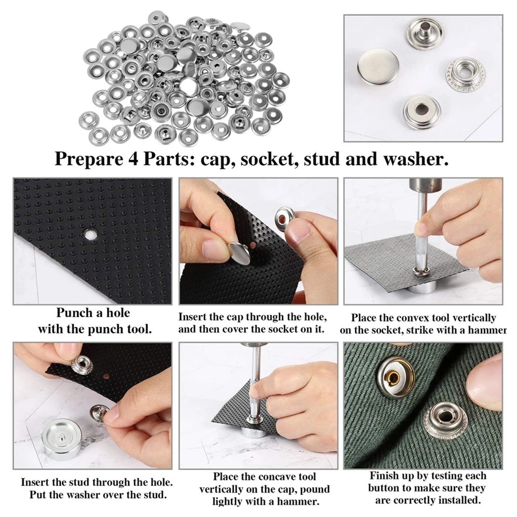 100pcs 15mm Canvas Snap Kit Marine Grade Snap Fastener Stainless Steel Snap Buttons for Boat Cover Sewing Leather Clothes Tent