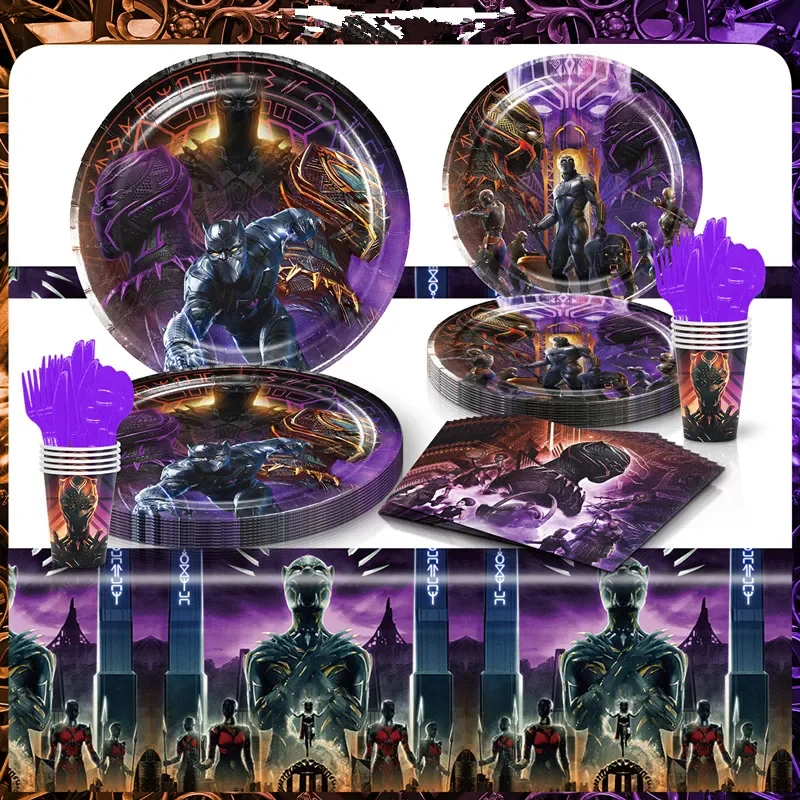 

New Black Panther Birthday Party Supplies Disposable Tableware Cup Plate Napkin Banner Balloons Cake Topper Tablecloth Decor