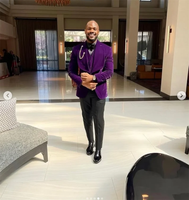 

Purple Velvet Men Suit Set 2 Pcs Blazer+Black Cotton Pants Trouser Formal Office Coat Wedding Tuxedo Customized Jacket Outfit