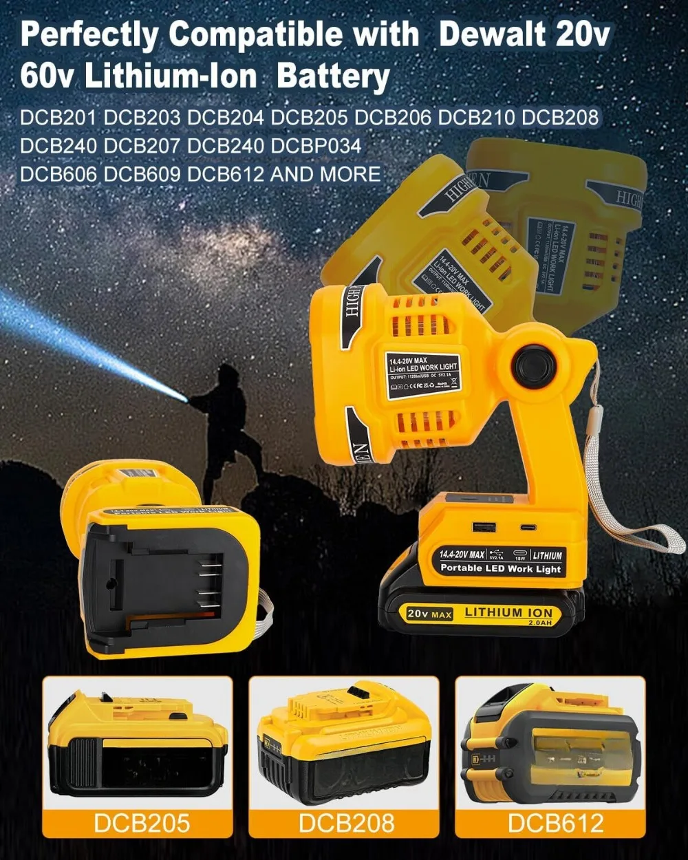 LED Flashlight for Dewalt 20V Battery 22W Cordless LED Work Light Spotlight Jobsite Light with USB for Camping, Outdoor, Indoor