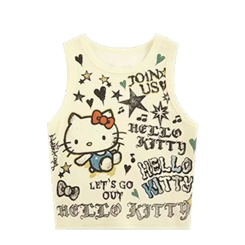 

MINISO Hello Kitty жилет укороченный топ популярный жилет для девочек топ аниме ретро топ без рукавов летний приморский сексуальный милый облегающий жилет
