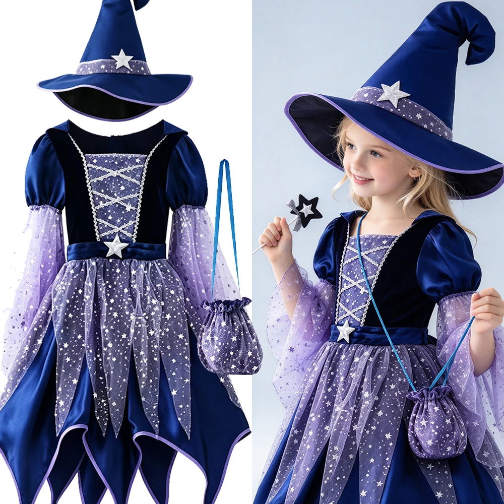 Girls Witch Costume Halloween Dress Set Star Print with Hat Bag Wand Kids Cosplay Party Fancy Dress Up