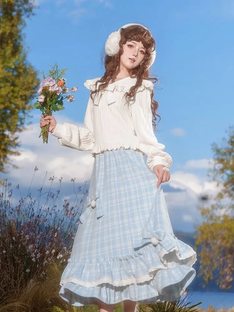 MAGOGO Japanese Sweet Lolita Bow Apricot Lace Doll Collar Shirt Blouse + Blue Grid Ruffles Long Skirt Women Two-piece Skirt Sets