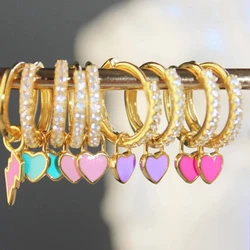 New Trendy Rhinestone Small Circle Hoops with Cute Candy Neon Color Heart Hanging Earrings for Women Gold plated Huggies Jewelry