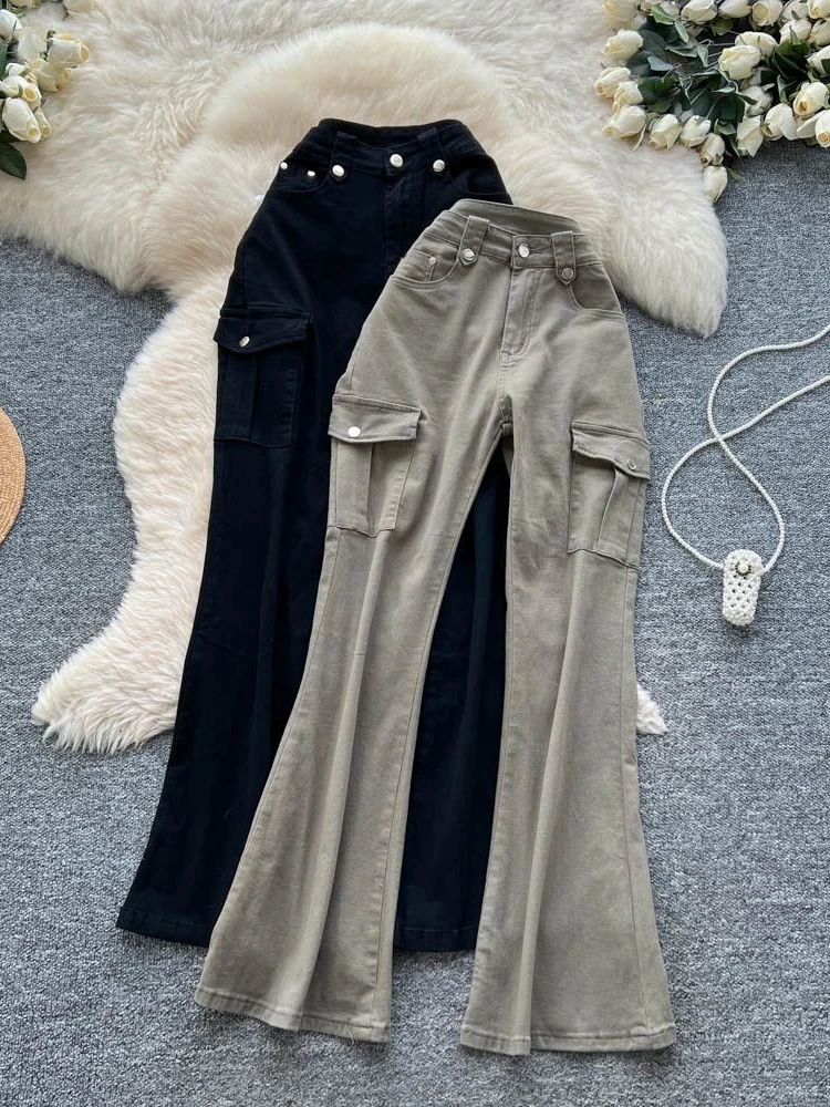 

Женские джинсы-карго в стиле Spicy Girl, новые, весенние, с высокой талией, утягивающие, в винтажном стиле, модные, универсальные, широкие брюки.