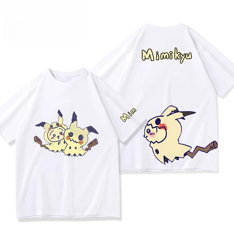 Camiseta japonesa pintada a mano con dibujos animados de Pokémon Mimikyu para hombres y mujeres, novedad de verano, Top informal holgado de manga corta Harajuku