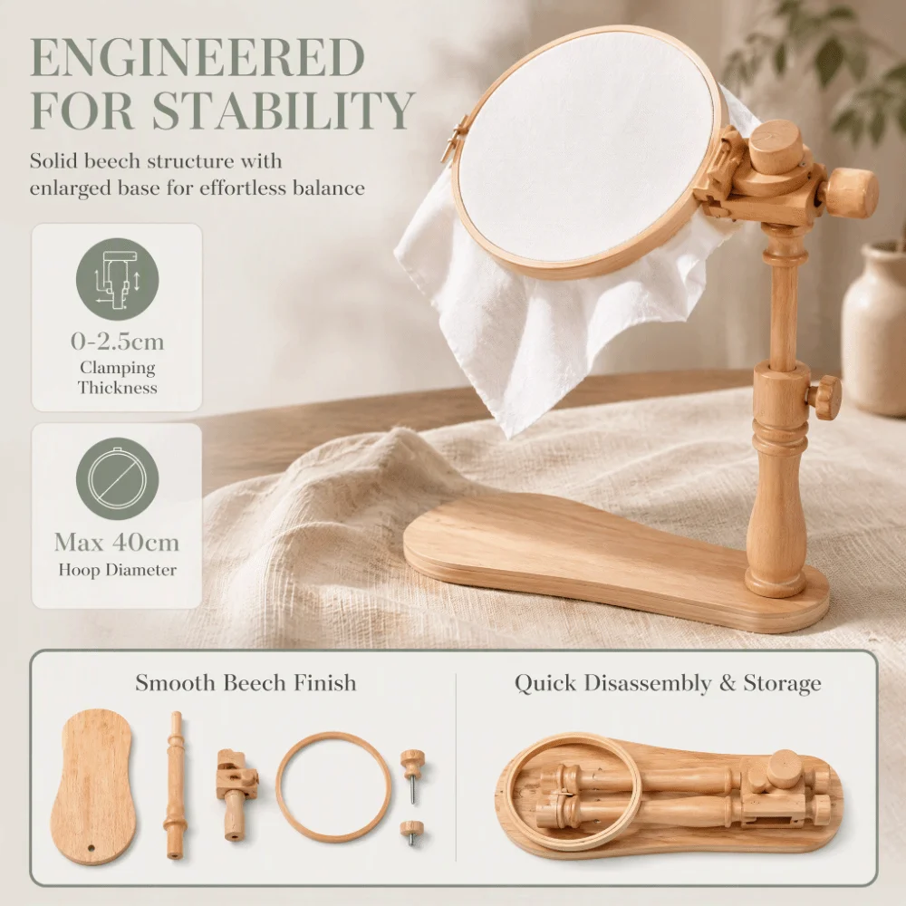 Adjustable Height Extender Embroidery Hoop Stand Beech Wood 6.3 in Wood Hoop Cross Stitch Ring Frame 360° Rotatable