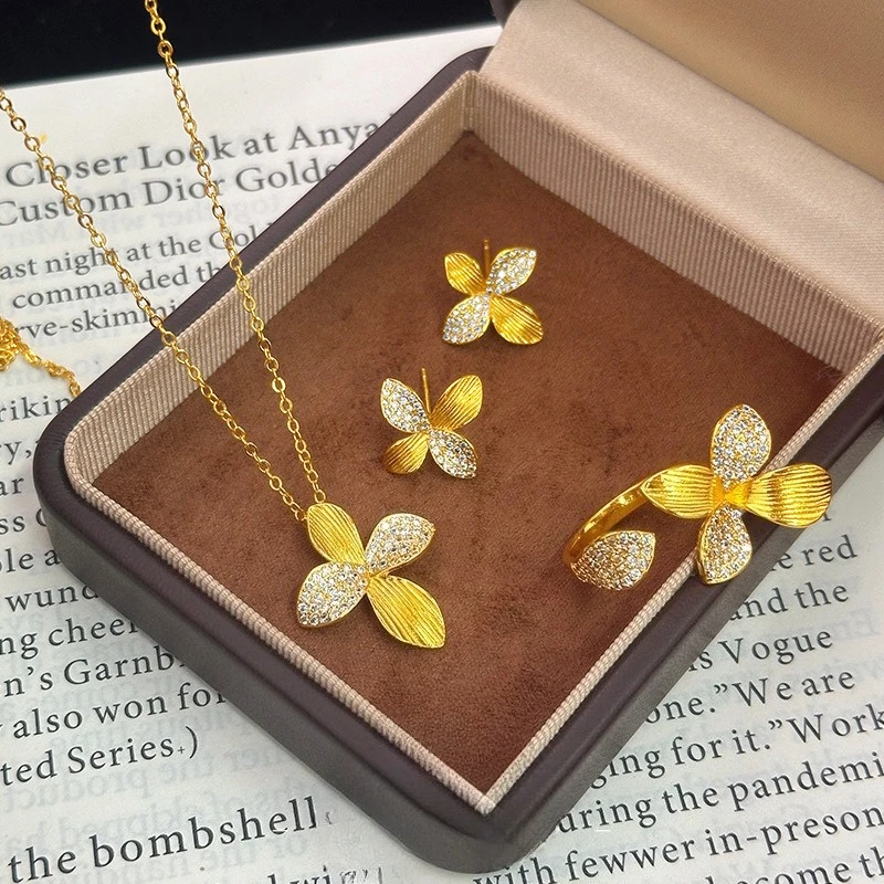 

Fashion 18 K Gold Color Lily Flower Necklace Set for Women Wedding Birthday Valentine's Day Chain Earring Ring Jewelry Gifts