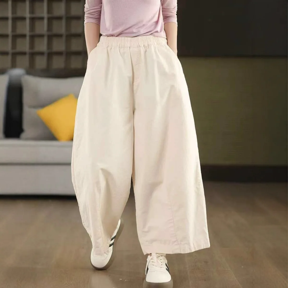 الخريف الرجعية 100% القطن واسعة الساق فضفاضة مستقيم الساق بلون المرأة سراويل تقليدية مرونة الخصر تنوعا مريحة بنطلون