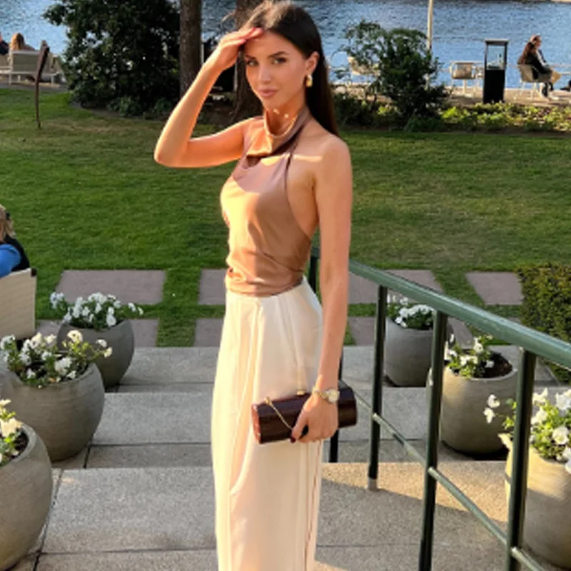 HXAO ホルターネック イエロートップ レディース サマー サテン タンク＆キャミソール ノースリーブ バックレス クロップトップ 女性用 コルセット ホワイト ブラック ブラウン ベストトップ