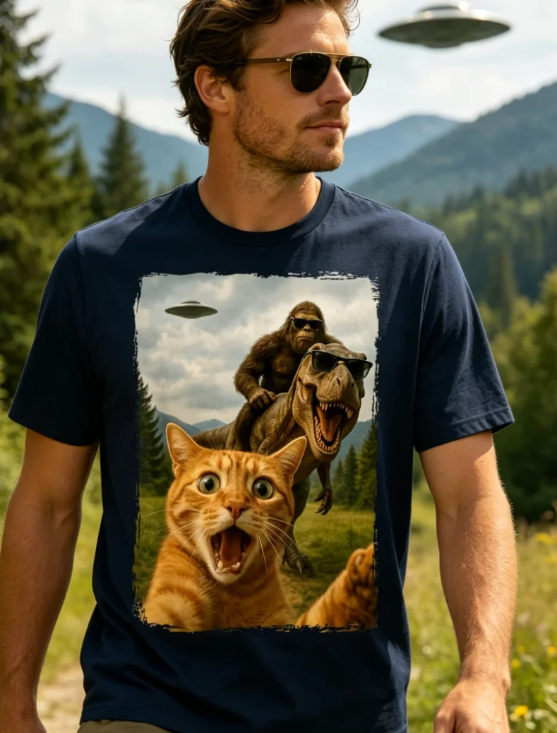 Humorous T-Rex Sasquatch UFO Selfie Graphic T-Shirt for Cat Enthusiasts Featuring A Ginger Tabby Cat Design T-Shirt