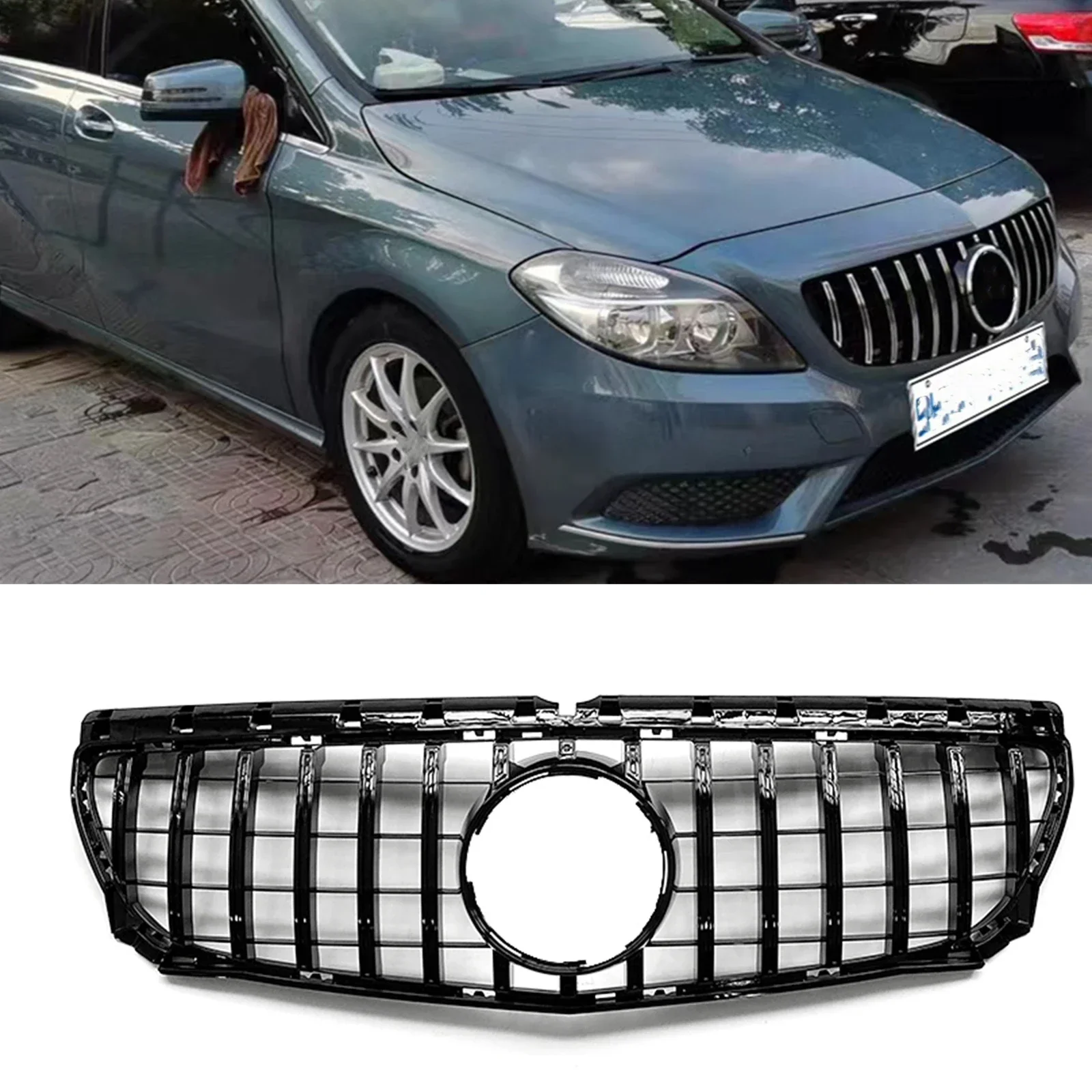 

New！ Front Grille For Mercedes-Benz W246 B-Class 2012-2014 B180 B200 B250 GT Style Black/Silver Upper Bumper Hood Mesh Grid Kit