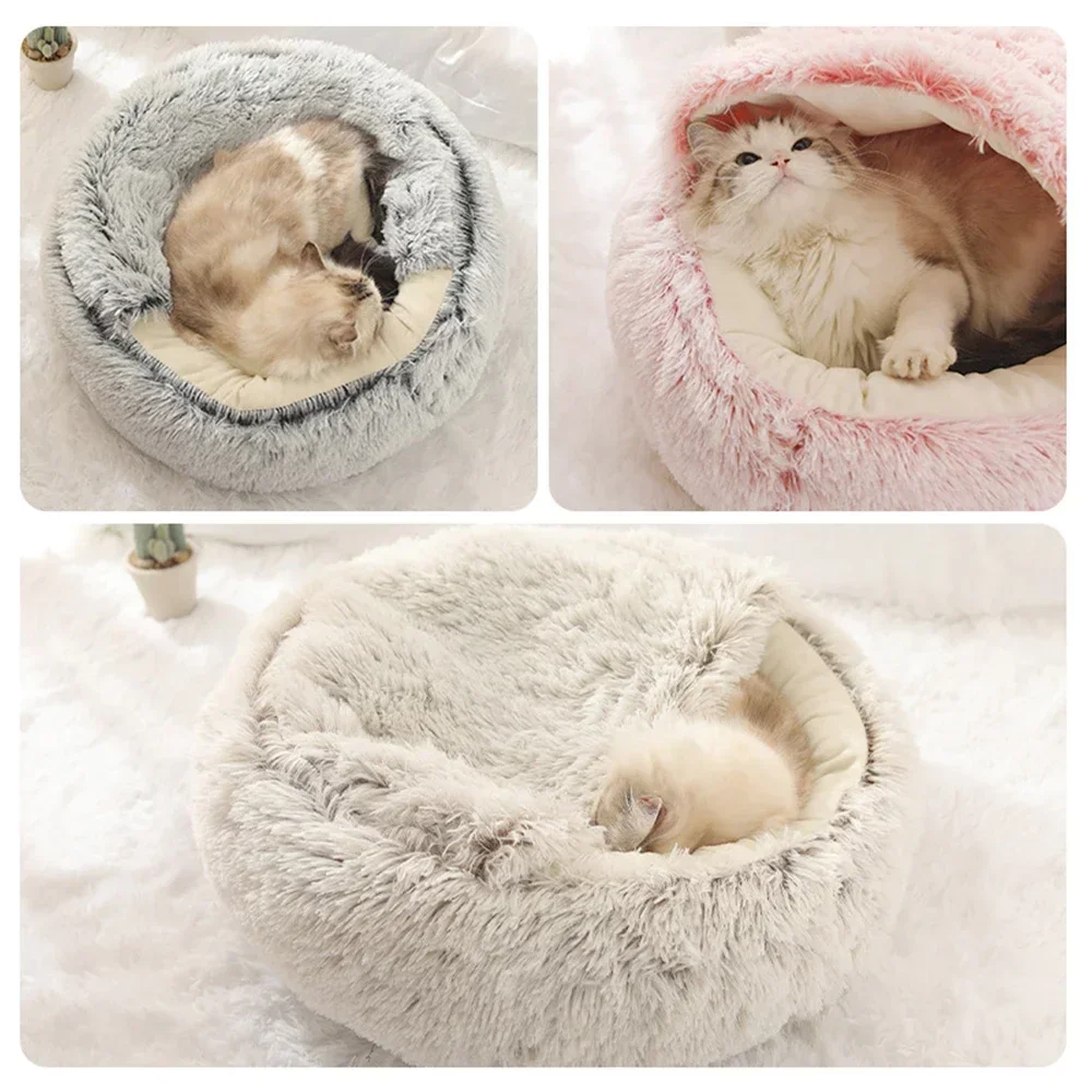 Winter Long Soft Plush Round Cat Bed Pet Mattress Warm Comfortable Basket Cat Dog 2 In 1 Sleeping Bag Nest For Small Dogs Cats