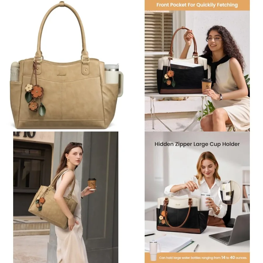 

LOVEVOOK Laptop Bag for Women, Origal Vtage Work Tote Bag Computer Office Teacher Bag with Flower Pendant