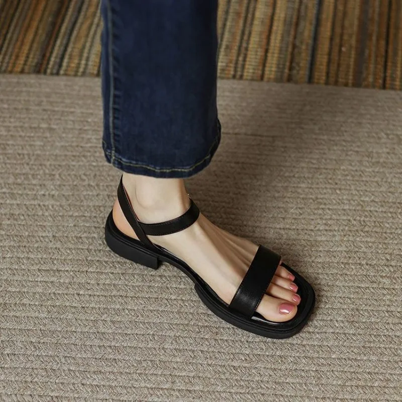 

Sandals for Women 2025 New Summer Low Heel Strap French Middle Heel Roman Shoes Flat Bottom Style Matching Skirt Women's Shoes