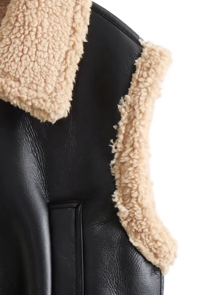 ZBZA Women PU Leather Bomber Short Vest Faux Fur Solid Sleeveless Lapel Zip Pocket Elastic Hem Warm Jacket Fall Winter Lady Coat