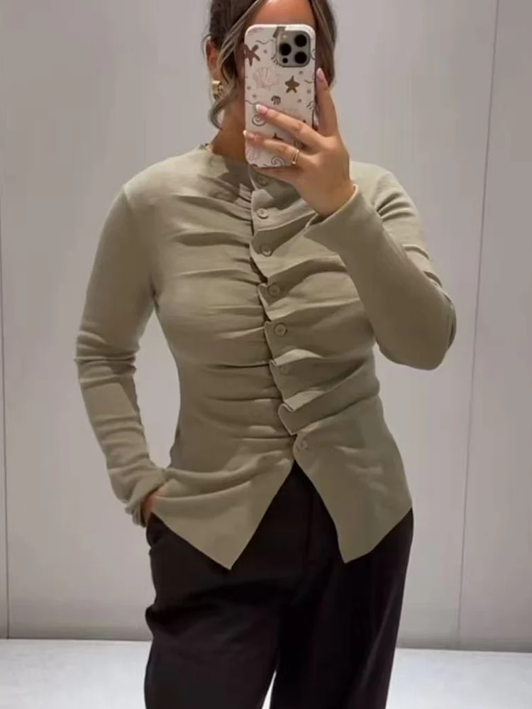 

TFMLN Spring Autumn Knitted Single-breasted Jacket For Women Long Sleeve Ruffles Knit Tops Female Casual Slimming Knitwear