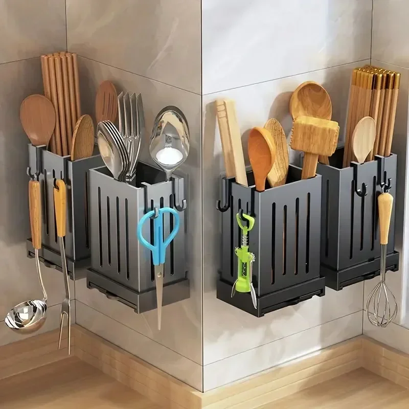 1pc Kitchen Chopsticks Holder Multifunctional Hanging Utensil Drying Rack Hooks No Drilling Wall Mounted Spoon Fork Holders image 3