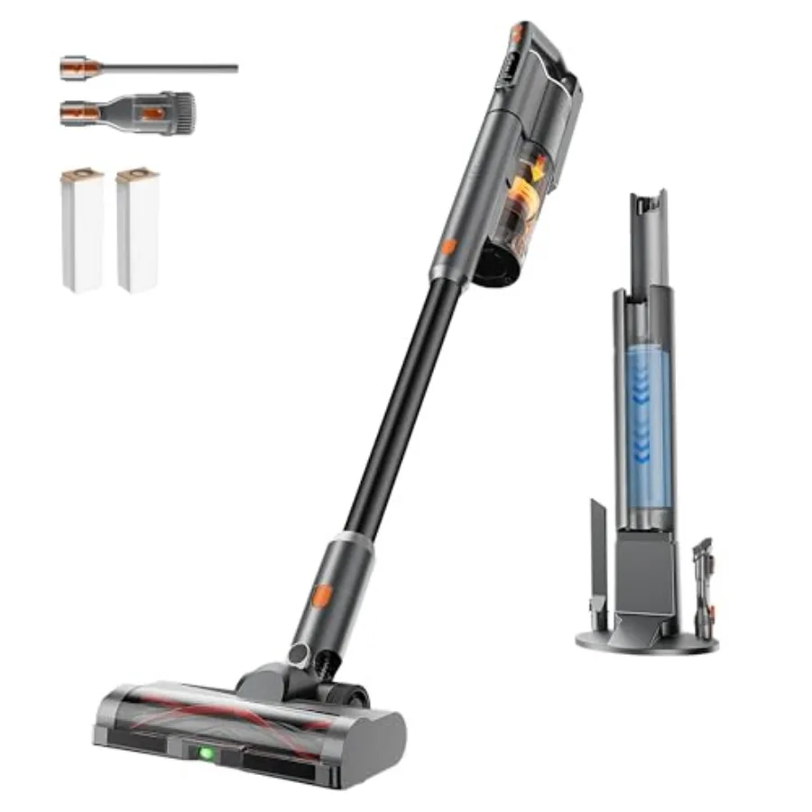 

Беспроводной пылесос V500 с автоматической очисткой контейнера и системой автоматического удаления пыли, 7-слойной HEPA-фильтрацией и щеткой против наматывания волос, вертикальный пылесос