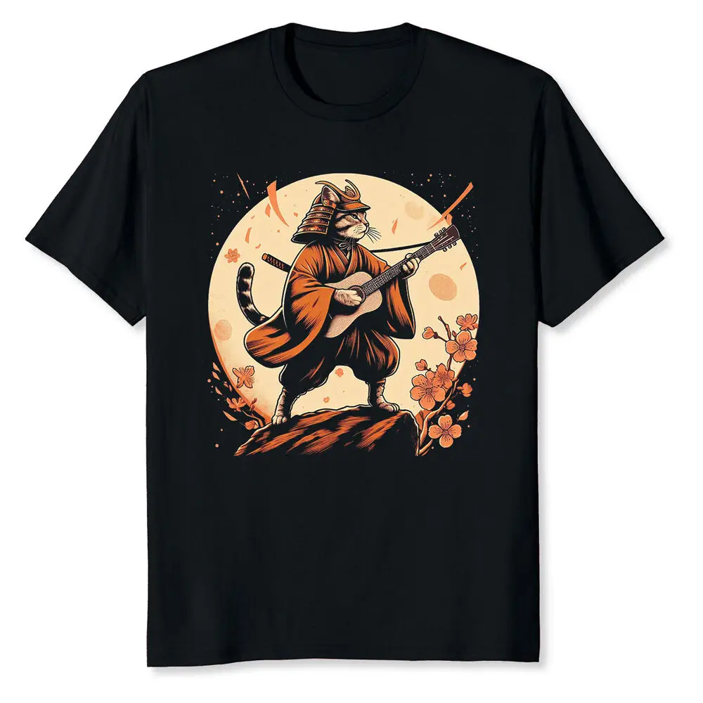 Japanese Samurai Cat Playing The Electric Guitar T-Shirt Anime Graphic T-shirts For Men Clothing Women Short Sleeve Tees