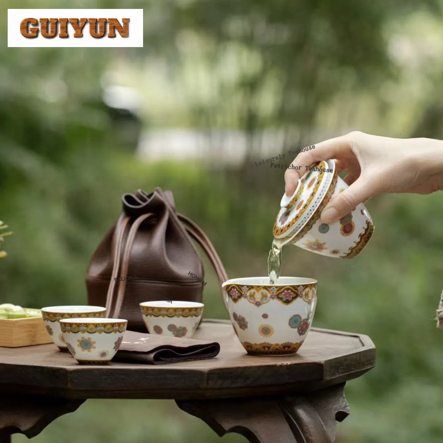 Dunhuang Colour Enamels Travel Tea Set Kit Aesthetic 1 Pot 3 Cups Household Tea Making Organizer Portable Picnic Stock Bags Cha