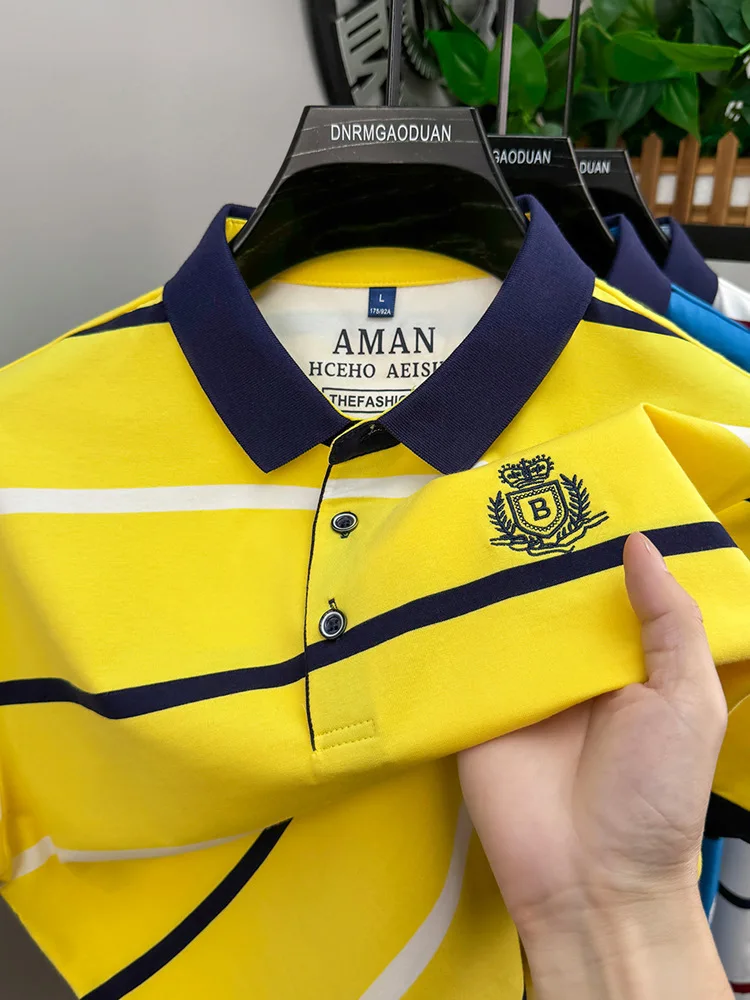 

High-End ort Sve irt Men's Trendy Embroidered Striped Ne T-irt Summer Faionable M Clothing