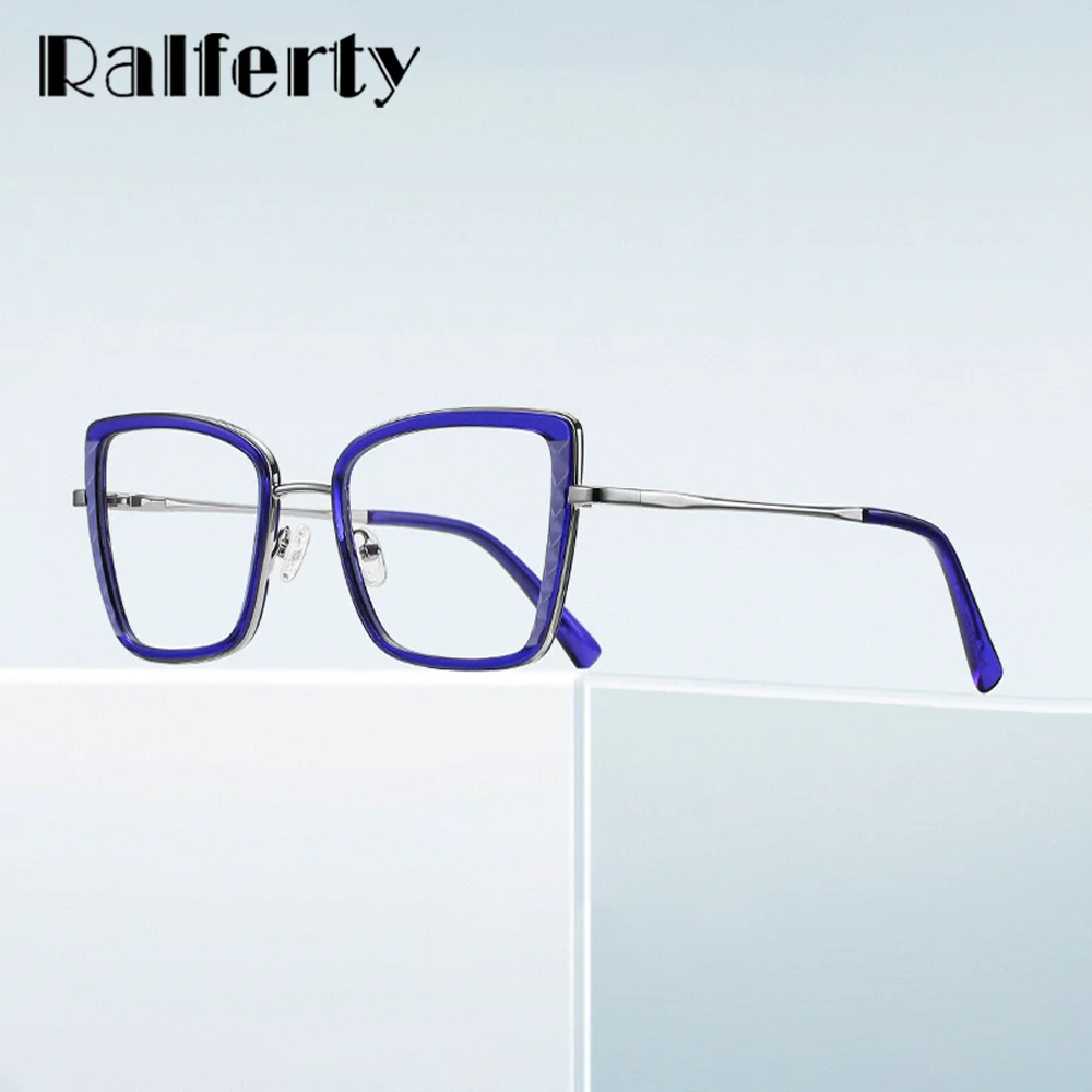 Ralferty Stylish Women's Anti-Blue Light Glasses Frame TR90 Metal Optical Frame Spring Hinges Translucent Square Design Eyeglass