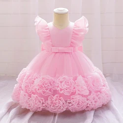 Big Flower Pink 1st Birthday Dress For Baby Girl Clothes Lace Princess Baptism Dress Girls Dresses Party Wedding Gown 0-4 Year