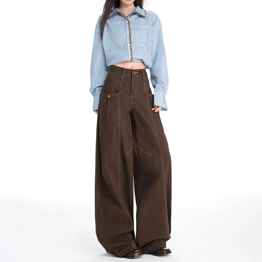 ZHISILAO nouveau marron jambe large Baggy jean femmes Vintage décontracté taille haute longueur de plancher Denim pantalon Streetwear automne hiver 2025