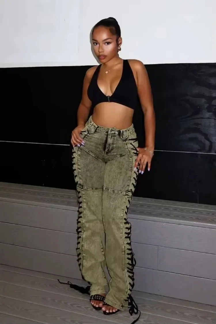 CPSYMYM  Women Streetwear Cutout Side Lace Up Cargo Pencil Denim Wide Leg Jeans Pants  Fall Casual Fashion Holiday Trousers