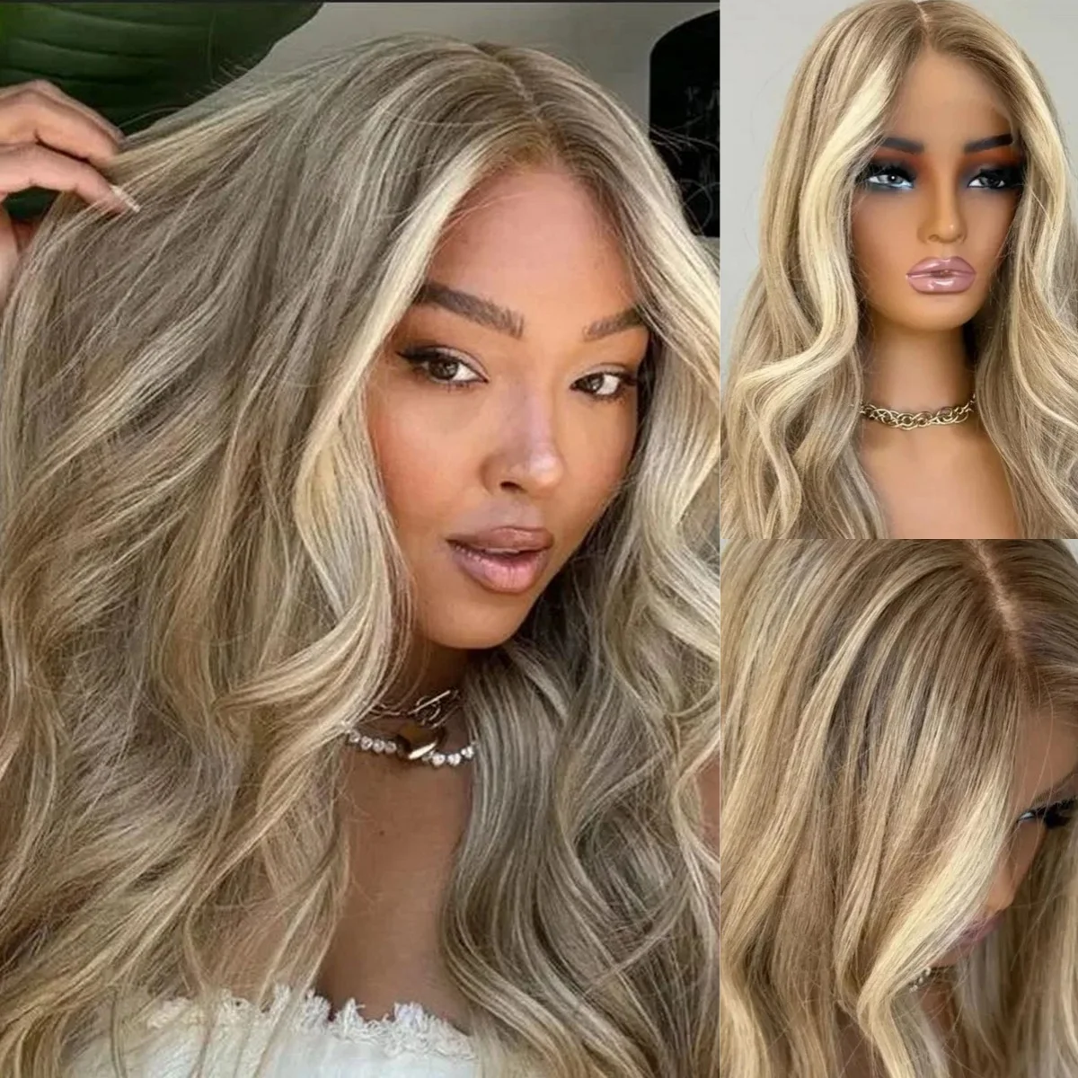 

High Density Wig Body Wave Long 13x4 Ombre Light Blonde Highlight Synthetic Lace Front Wig Natural Preplucked Hairline Top Sale
