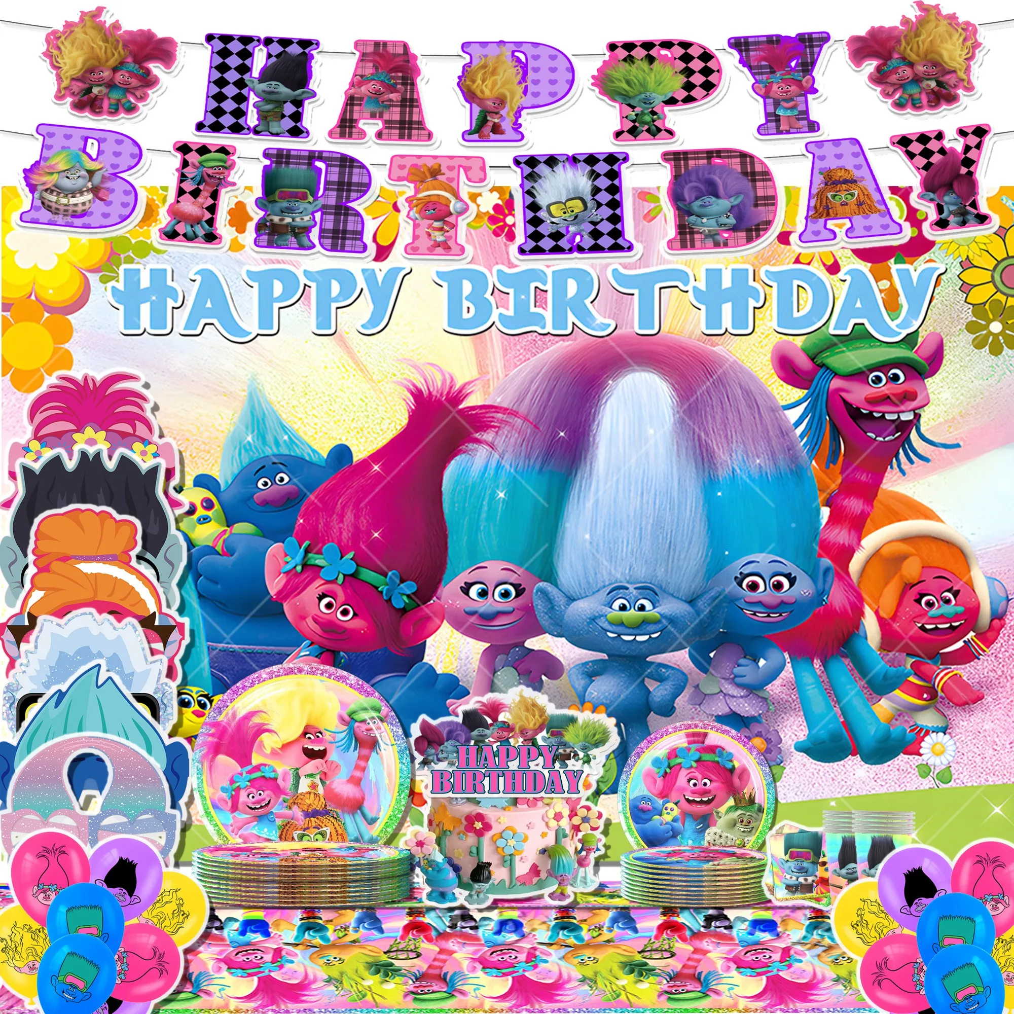 Cartoon Trolls Birthday Party set dinnerware backdrop Cake Disposable Topper Hanging Flag Tangled Balloons Birthday Decoration