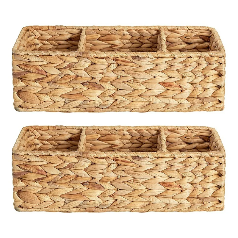 

3-Section Wicker Baskets For Shelves, Hand-Woven Water Hyacinth Storage Baskets, 2-Pack