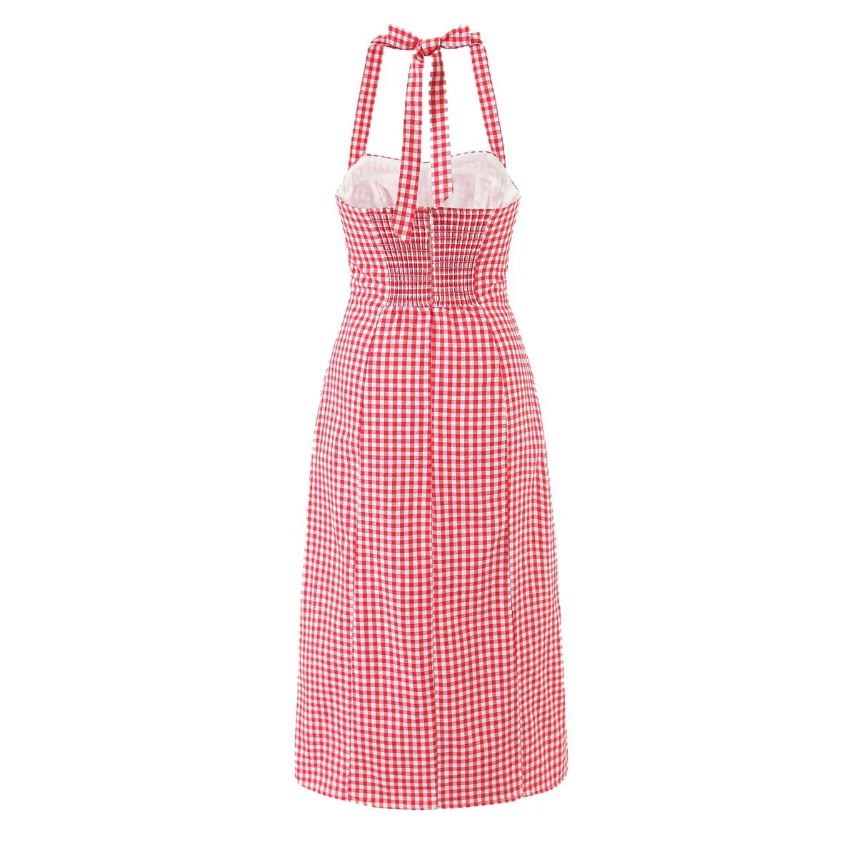 Abito da donna in lino Tala con scollo all'americana e spacco laterale sul retro, senza maniche, a quadri di pomodoro