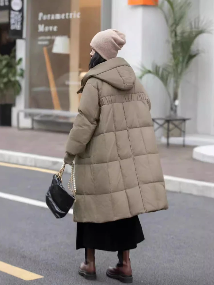 Hooded Long Down Jacket for Women, 90 White Duck Down, Thickened Warm Overcoat, Casual Loose Clothing, Large Size, Fall Winter