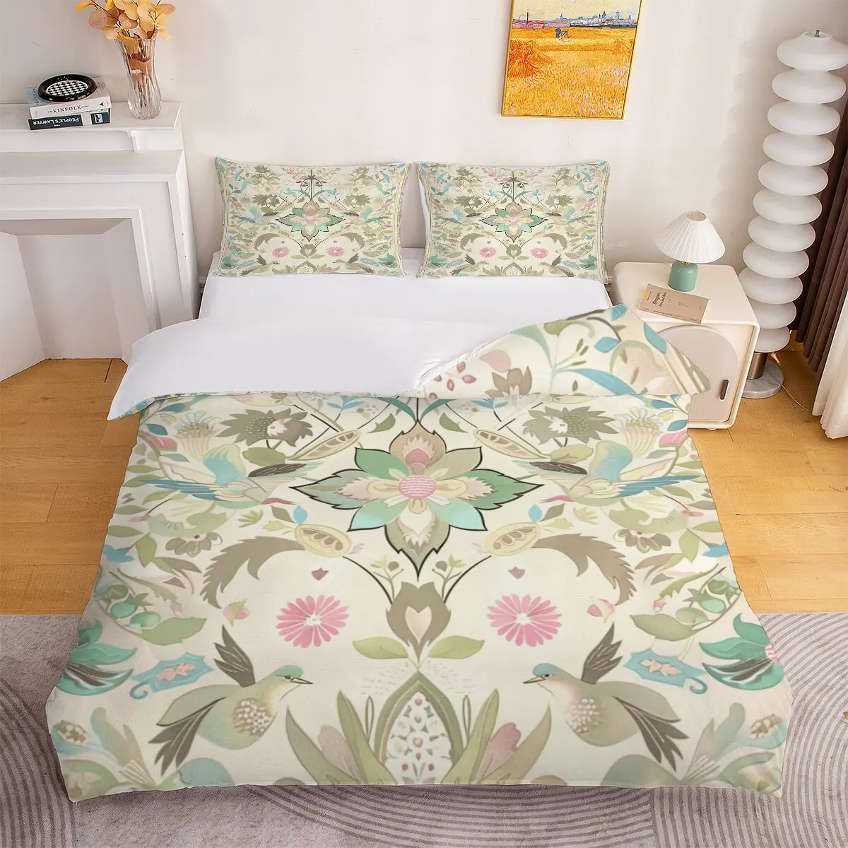 Pink Green Parrot  Down comforter set, extra large size  floral pattern  Room decoration bedding set