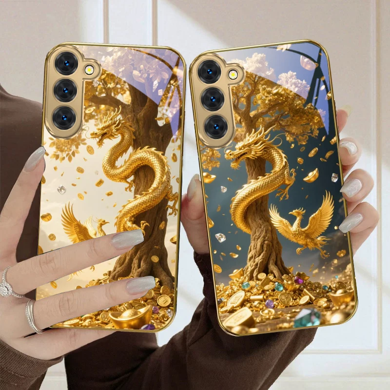 Lucky Dragon Diagram For Samsung Galaxy S20 FE S21 S22 Ultra 23 Plus 24 Ultra 25 Ultra S21+ S9+ 22Plus Golden Glass Phone Case view 5