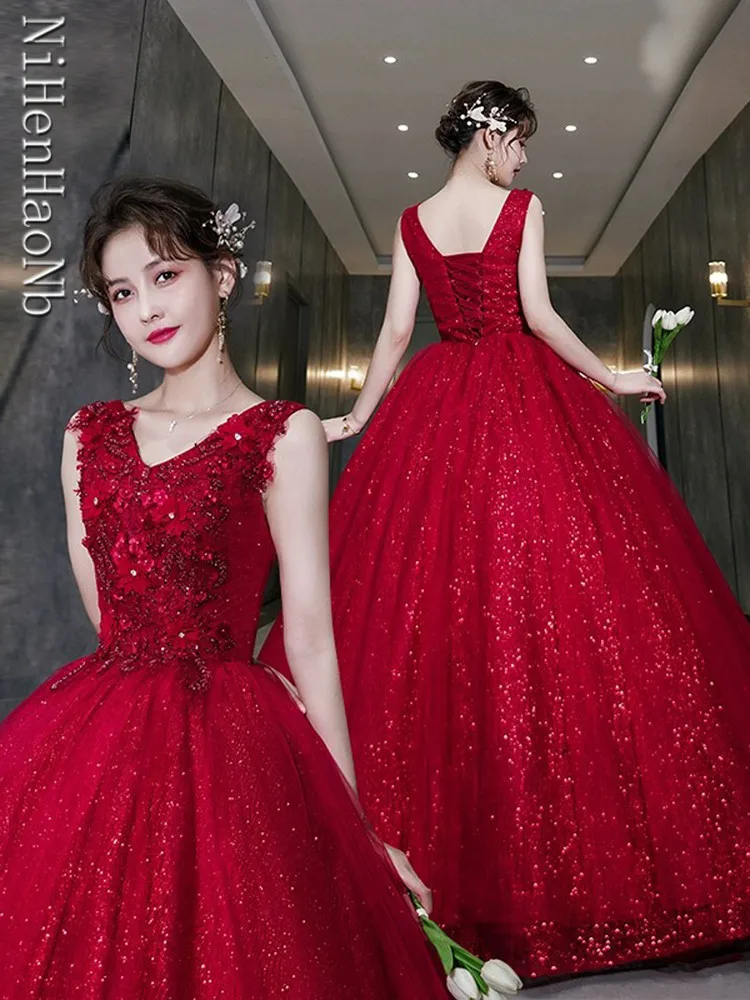 Robe de Quinceanera brillante rouge vin, robe de Rhvintage, col en V, robe de Rhélégante, robe de Rhformelle, robe personnalisée