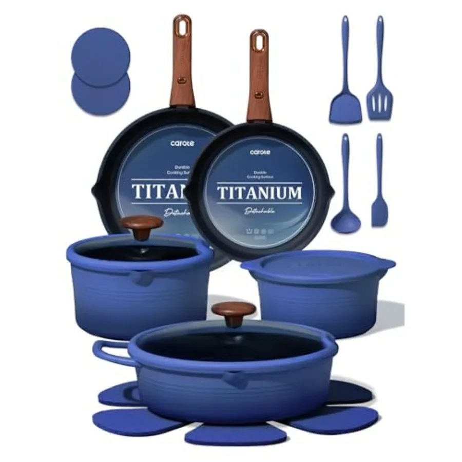 

20Pcs Titanium Cookware Set, Pots and Pans Set Non Stick, Kitchen Cooking Set with Detachable Handle, Non Toxic Induction Cookw