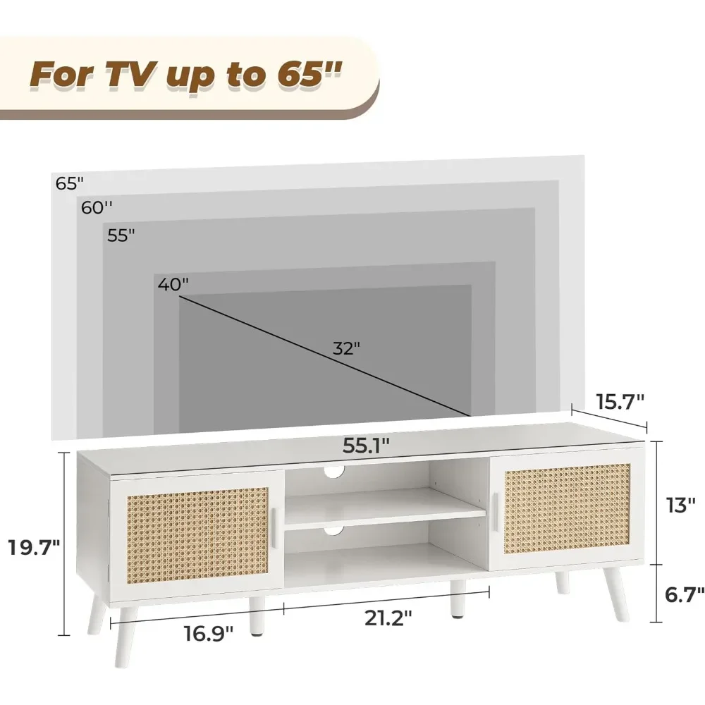 Für Wohnzimmer TV-Ständer Massivholz Füße Möbel Rattan TV-Konsole mit 2 Schränken Entertain ment Center mit verstellbarem Regal