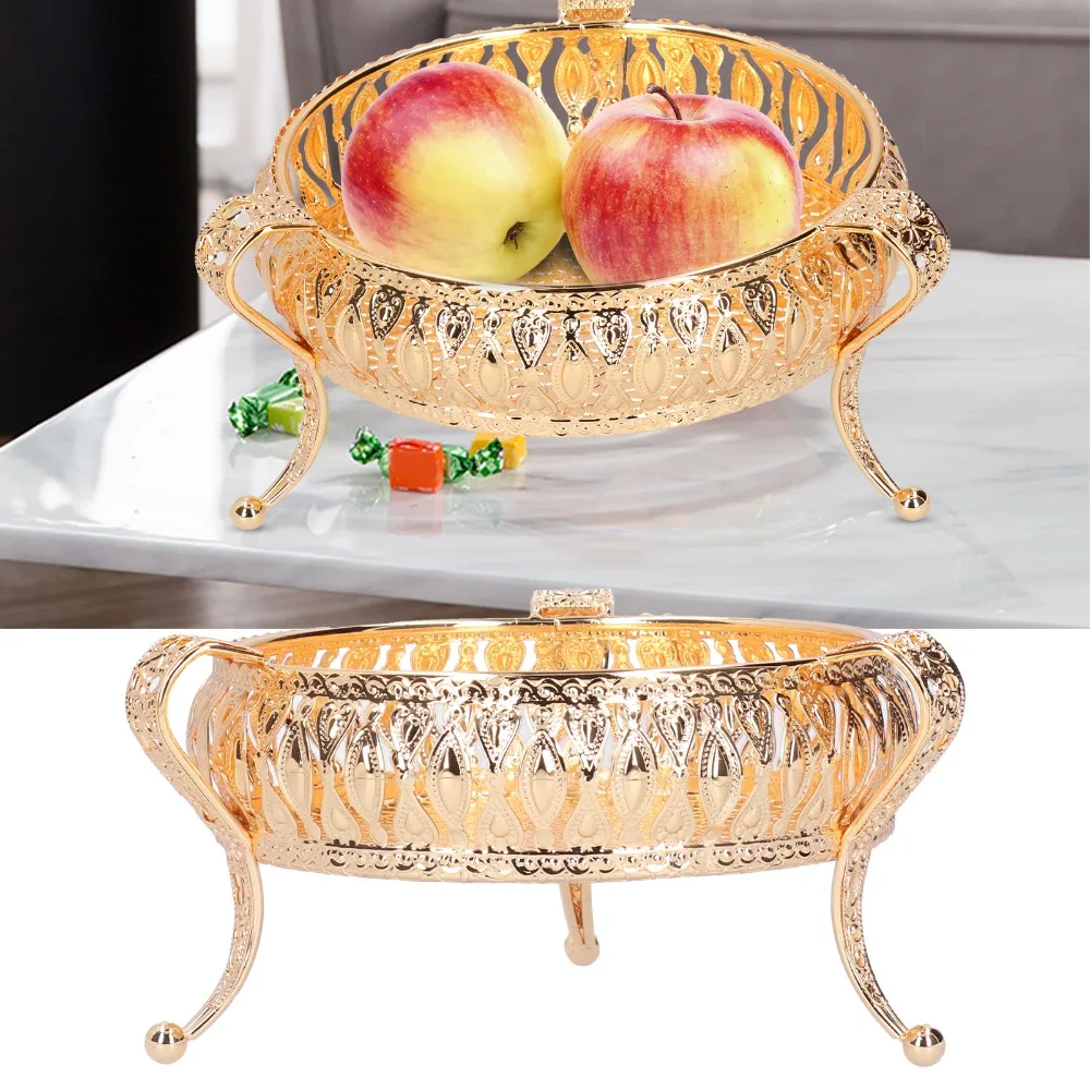 Fruit Bowls Zinc Alloy Fruit Serving Tray Round Gold Metal Snack Tray Retro Decorative Serving Tray Home Use