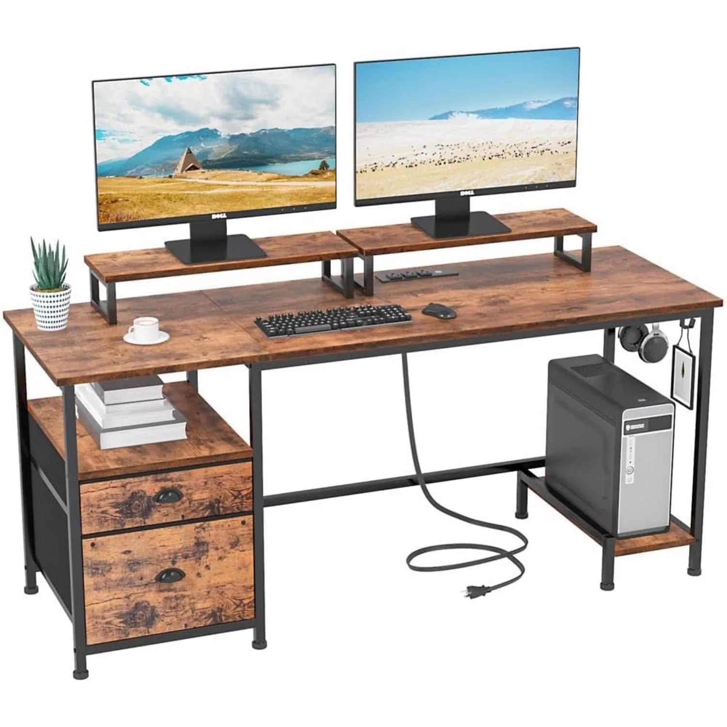 

Desk with Drawer and Power Outlets, 55" Large Compter Desk with Fabric File Cabinet and 2 Movable Monitor Shelf, Rustic Brown