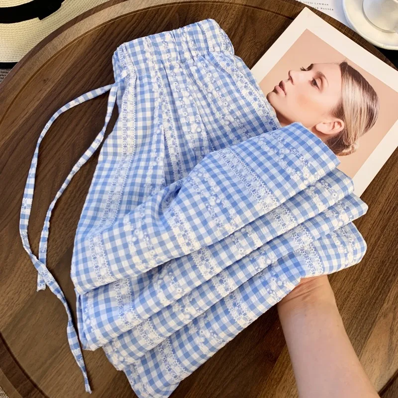

College Style Casual Plaid Wide Leg Pants for Women's Summer Elastic Waist Drawstring Lace Pants Fashion Female Clothes